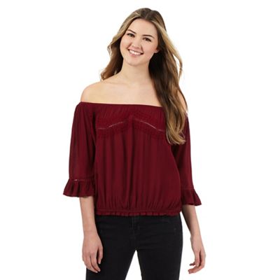 Red Herring Dark red embroidered off the shoulder top